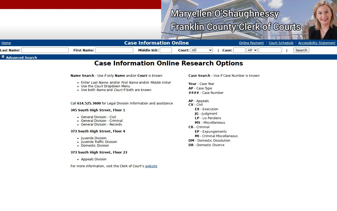 Franklin County residents directory Common Pleas case search