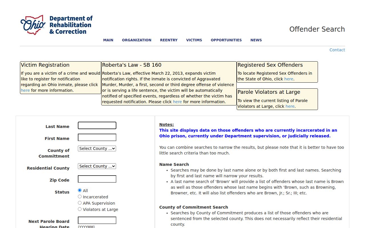 Franklin County residents directory Ohio offender search interface