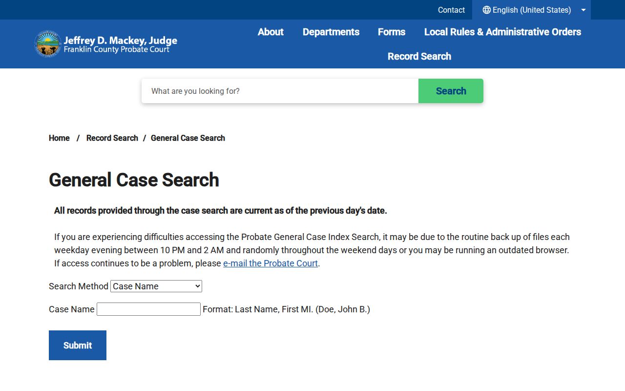 Franklin County residents directory Probate Court general case index