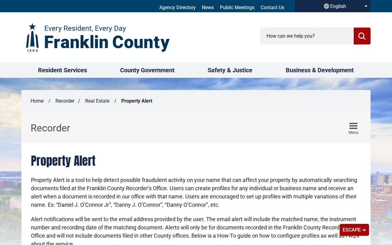 Franklin County neighbors Recorder Property Alert page
