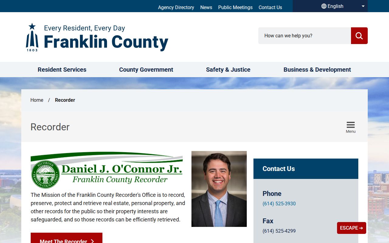 Franklin County previous residents Recorder historical records search brochure