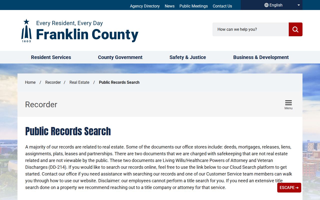 Franklin County previous residents Recorder public records search information