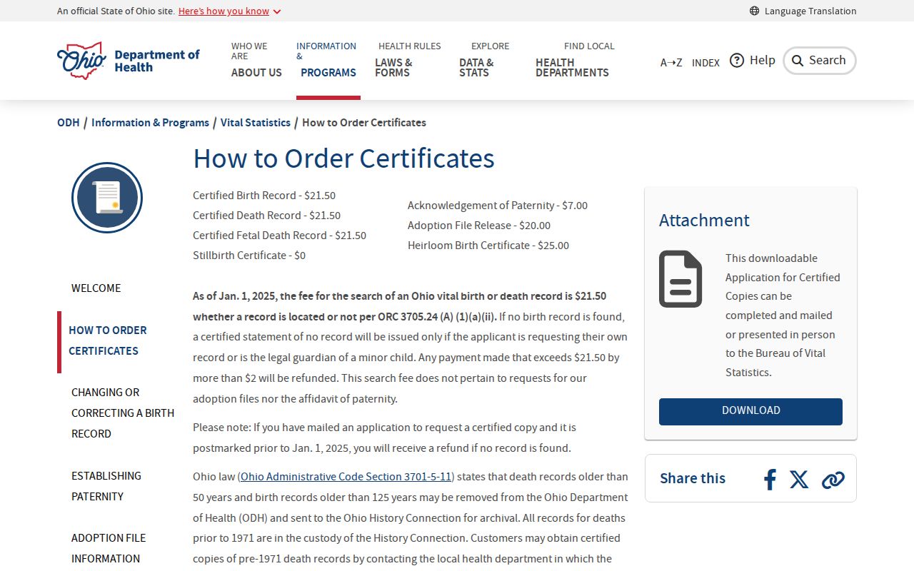 Franklin County resident lookup through Ohio vital certificate ordering