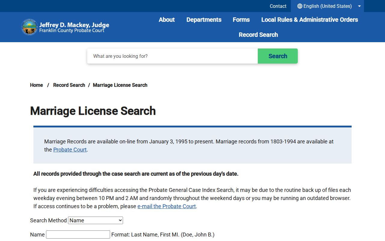 Franklin County resident lookup through the Probate marriage license search